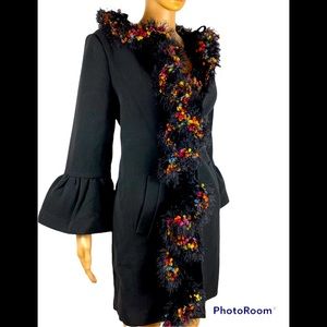 Catherine Malandrino black  bell sleeve coat with handmade neck scarf size 8